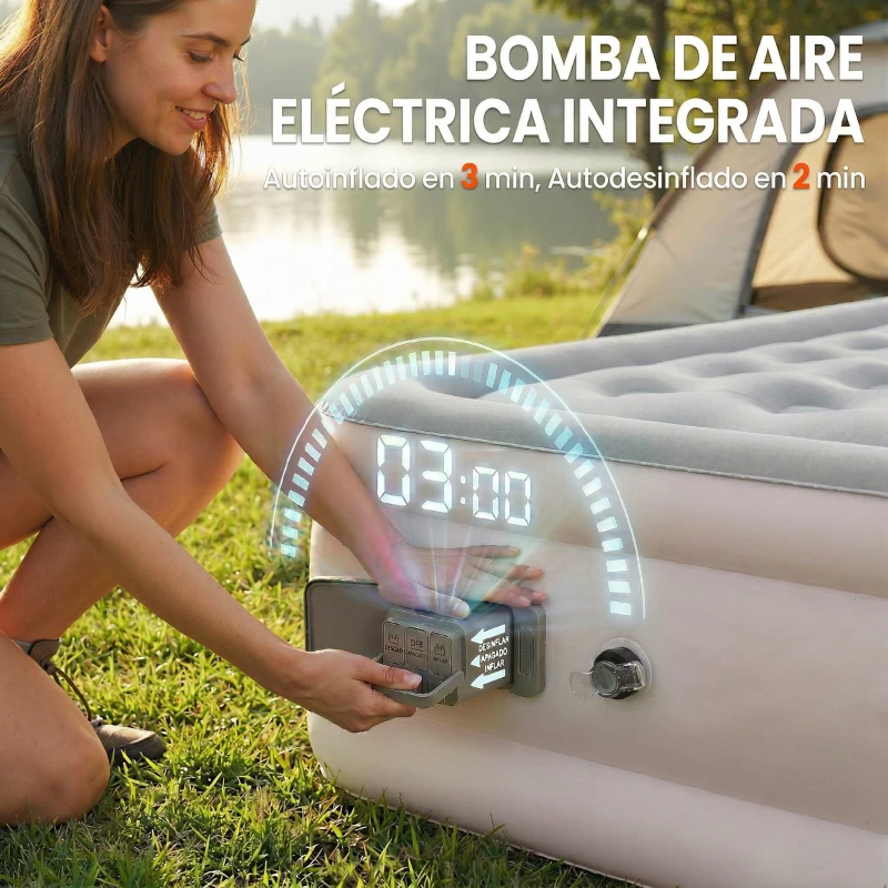 Outsunny Colchón Hinchable Individual Plegable con Bomba Inflado 3 Min Desinflado 2 Min Bolsa Carga 200 kg 190x97x39 cm Caqui