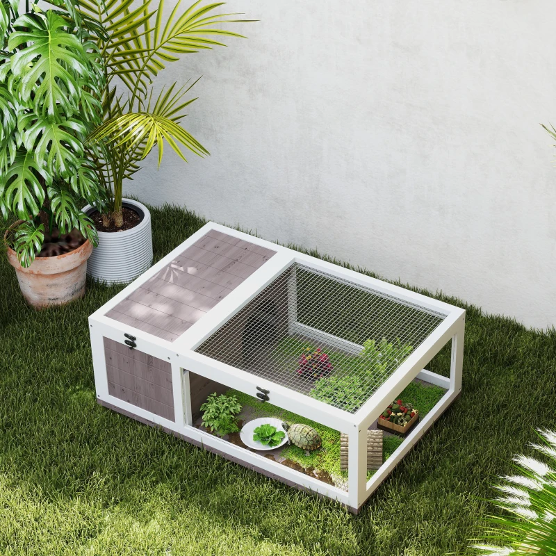 PawHut Casa para Tortugas de Madera con Techo de Malla y Paneles Laterales Transparentes Extraíbles 91x60,5x32 cm Marrón Claro