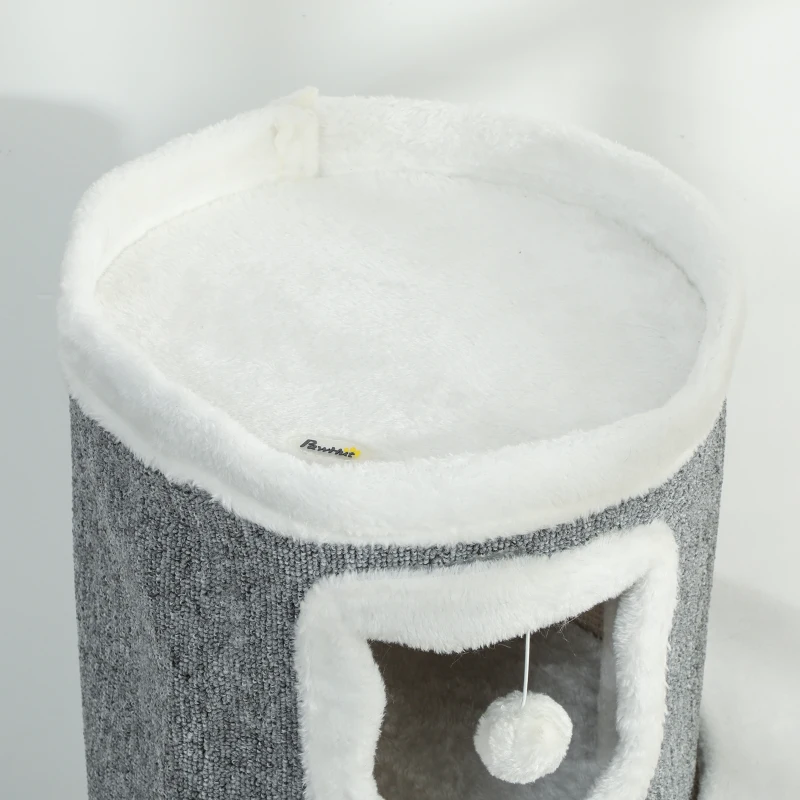 PawHut 101 cm Katzenturm, 3 Ebenen, 3 Schlafhöhlen, Spielbälle, Kratzpfosten, Sisal, Spanplatte, Grau