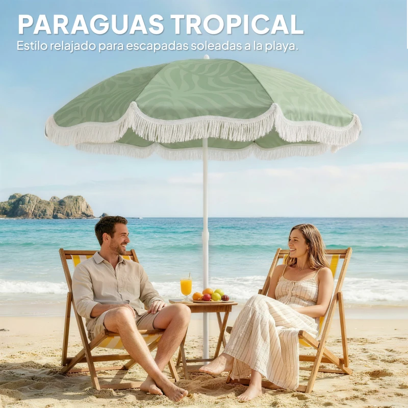 Outsunny Sombrilla de Playa con Flecos Ø180 cm Altura Ajustable Inclinación Anclaje Arena y Bolsa de Transporte UPF30+ Verde