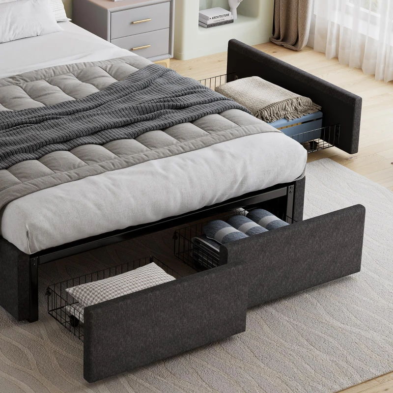 Spacious Upholstered Bed with 4 Under‑Bed Drawers, Cozy Bed Frame with Soft Headboard and Linen Surface, 208L x 140W x 111H cm, Grey