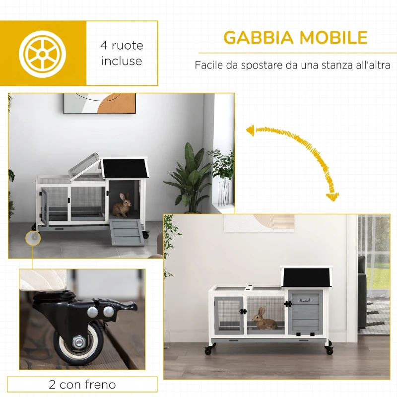 PawHut Conigliera in Legno da Interno ed Esterno con Ruote, Casetta, Tetto Apribile, Porte e Vassoio Estraibile, Grigio