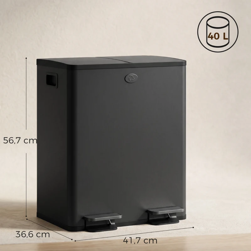 HOMCOM Papelera de Cocina de Acero Inoxidable con 2 Compartimentos 2x20L Pedal Tapas de Cierre Suave y Cubo Extraíble Negro