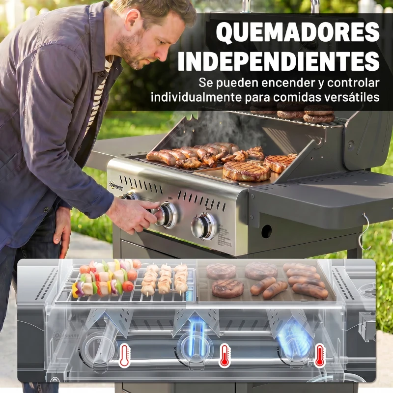 Outsunny Barbacoa de Gas con 3 Quemadores 7,5 kW Termómetro Parrilla Plancha Mesas Laterales Armario Ruedas 125x57x110 cm Negro