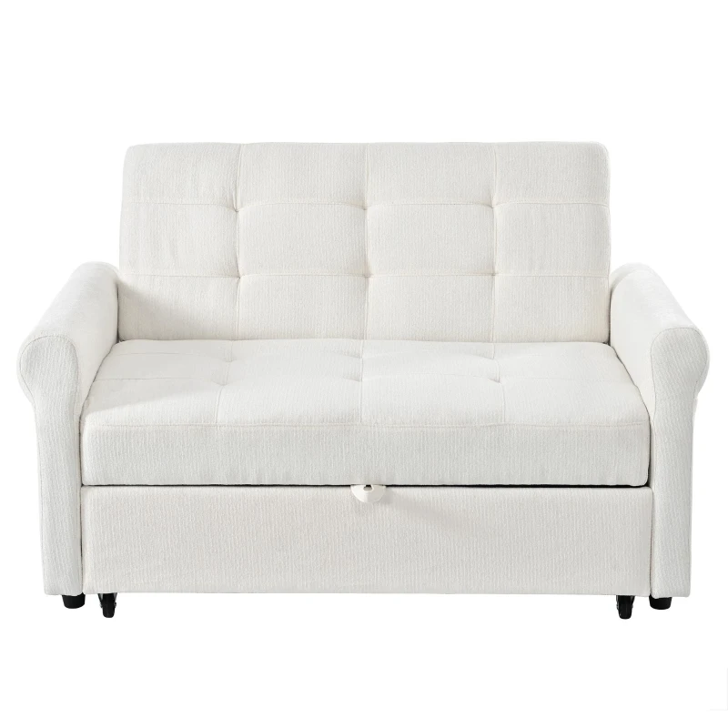 Convertible Sofa Bed with Adjustable Backrest, Functional Sofa with USB & Type-C Ports and Storage Pocket, 135L x 173W x 58H cm, Off White
