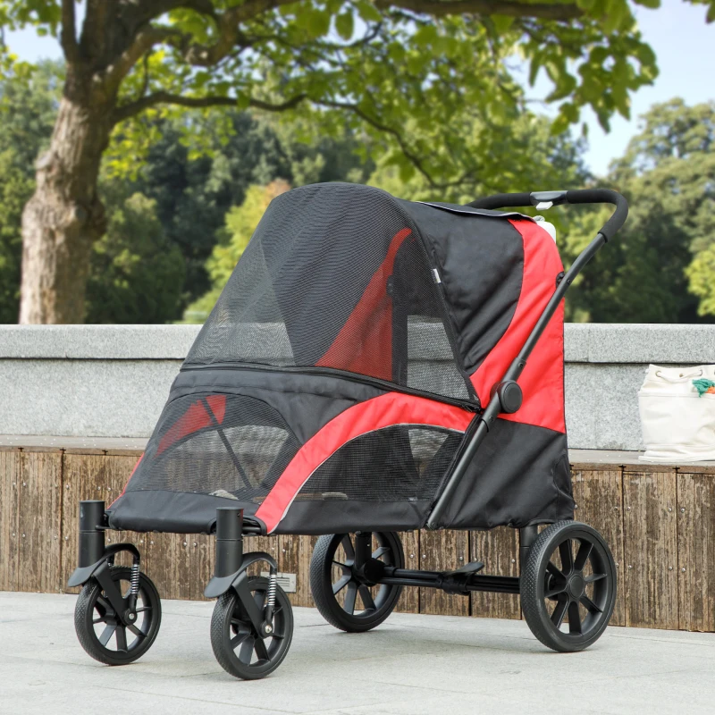 PawHut Hondenwagen, opvouwbare hondenbuggy voor middelgrote honden, huisdierwagen met 4 wielen, veiligheidslijnen, remmen, zwart