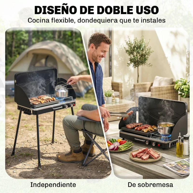 Outsunny Barbacoa de Gas Portátil 2 en 1 Propano 7 kW de Mesa o de Pie con Plancha Grande Patas Desmontables Negro