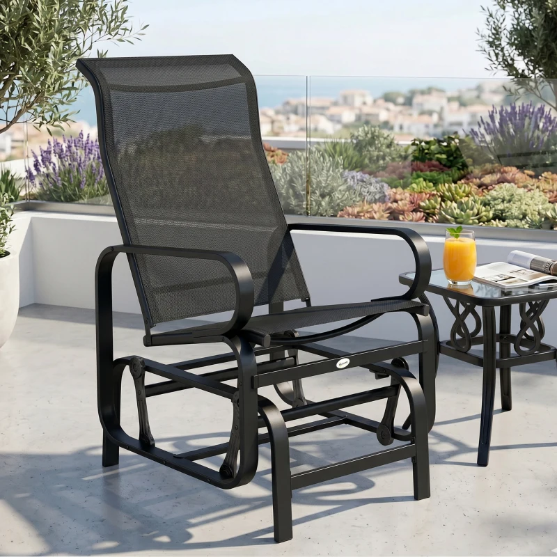 Outsunny Outdoor Gliding Rocking Chair with Sturdy Metal Frame Garden Comfortable Swing Chair, Black