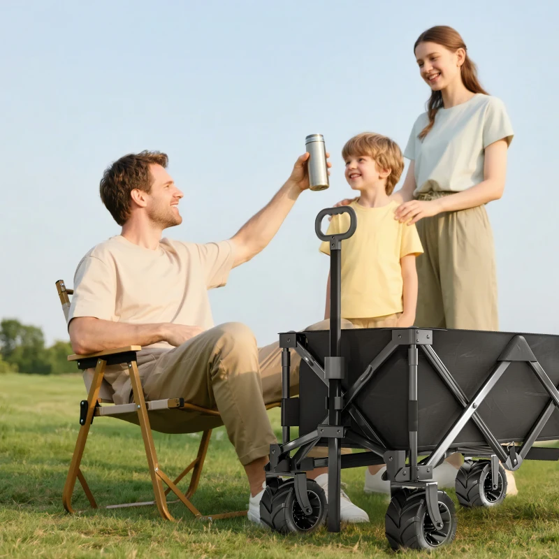 Outsunny Carucior plaja pliabil cu roti fata pivotante 360° si maner telescopic 108x55x55 cm negru
