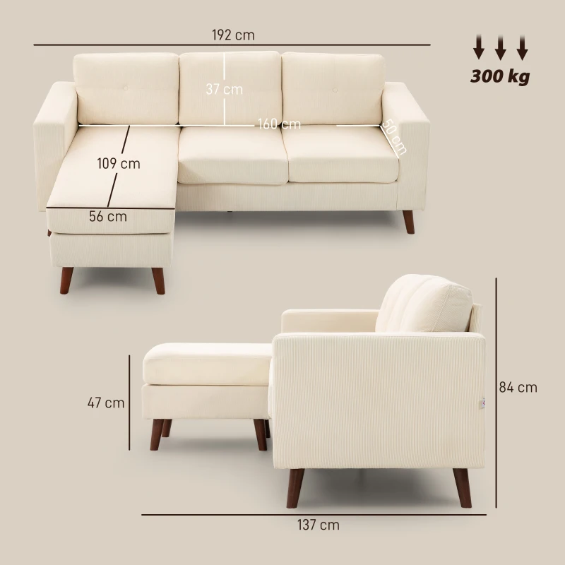 HOMCOM Sofá Chaise Longue Reversível de 3 Lugares Estofado em Veludo Estrutura de Aço Para Salas Pequenas Creme
