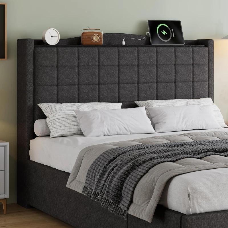 Spacious Upholstered Bed with 4 Under‑Bed Drawers, Cozy Bed Frame with Soft Headboard and Linen Surface, 208L x 140W x 111H cm, Grey