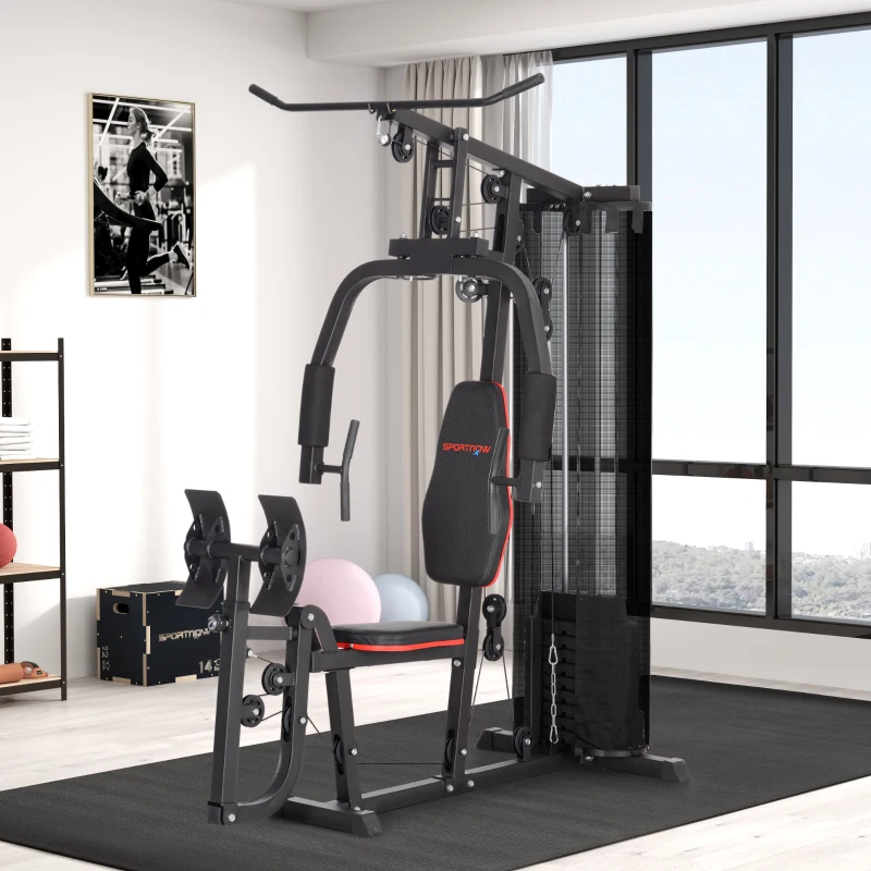 SPORTNOW Heim-Fitnessstation mit 45 kg Gewichtsblöcken, Hochseilzug, Bruststation, Beinpresse für vielseitiges Training(m-10)
