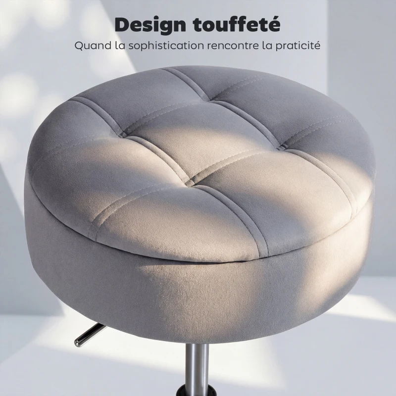 HOMCOM Tabouret de coiffeuse en velours, tabouret de maquillage pivotant avec rangement, hauteur réglable de 49-65 cm, gris