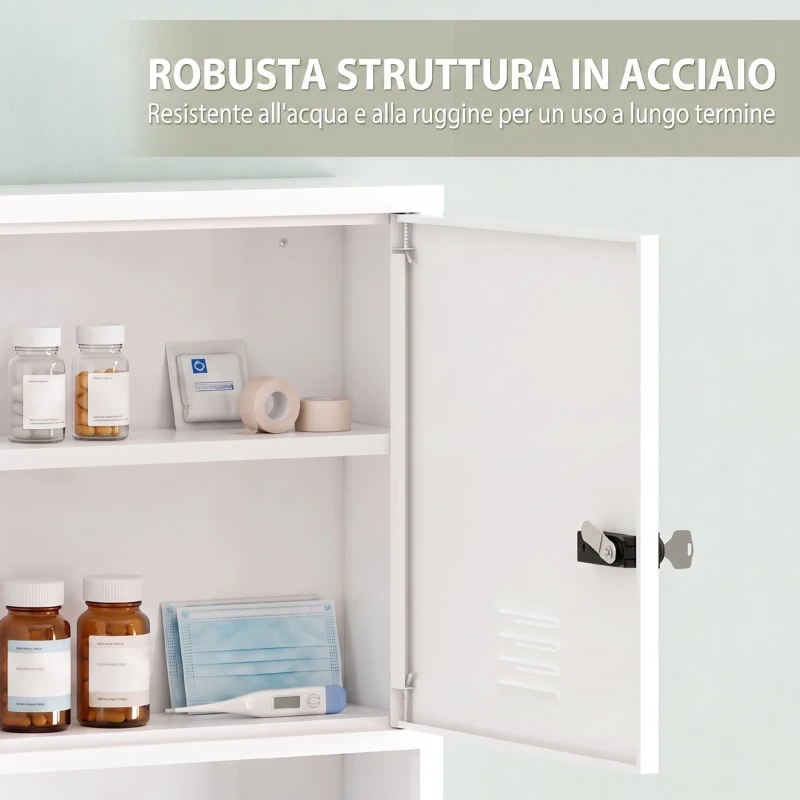 HOMCOM Armadietto portamedicinali da parete con codice, chiave e 3 ripiani, bianco