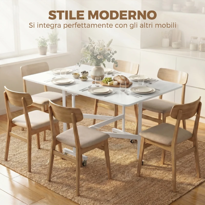 HOMCOM Mesa de Comedor Plegable para 4-6 Personas con Ruedas y Alas Abatibles Mesa Abatible para Cocina 120x80x73 cm Blanco