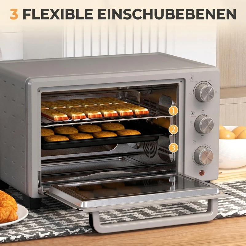 HOMCOM Minibackofen, 21 L Toasterofen mit 1 Drahtgestell und 1 Backblech, 3 Kochmodi, 100 °C-230 °C, Edelstahl, Glas, Silber(m-5)