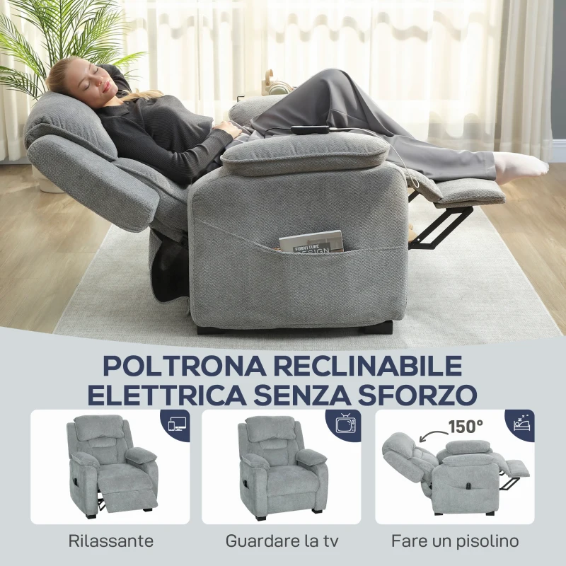 HOMCOM Poltrona Reclinabile 150° Effetto Velluto con Poggiapiedi, Telecomando e Tasca Laterale, 96x90x103 cm, Grigio