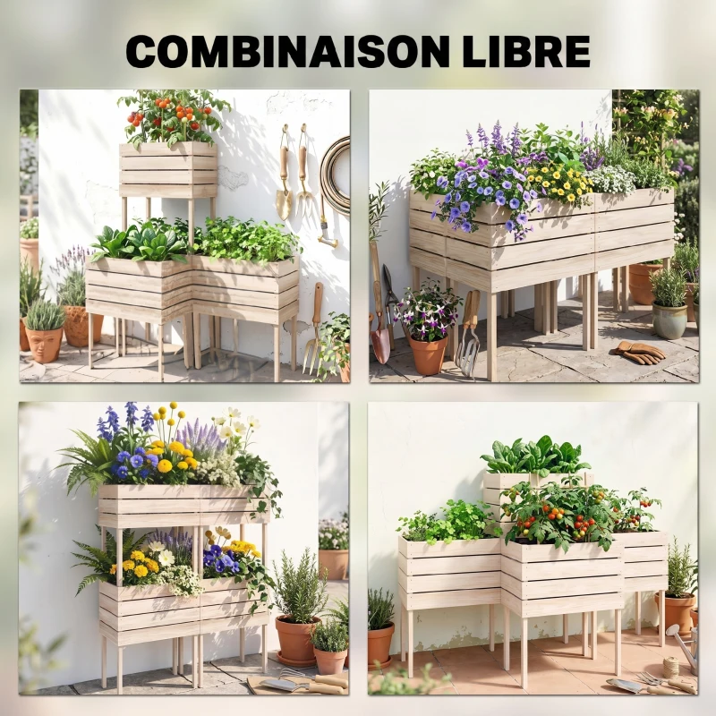 Outsunny Jardinières sur Pieds carrés potagers - Lot de 4 jardinières sur Pied modulables - 50L x 30l x 60H cm