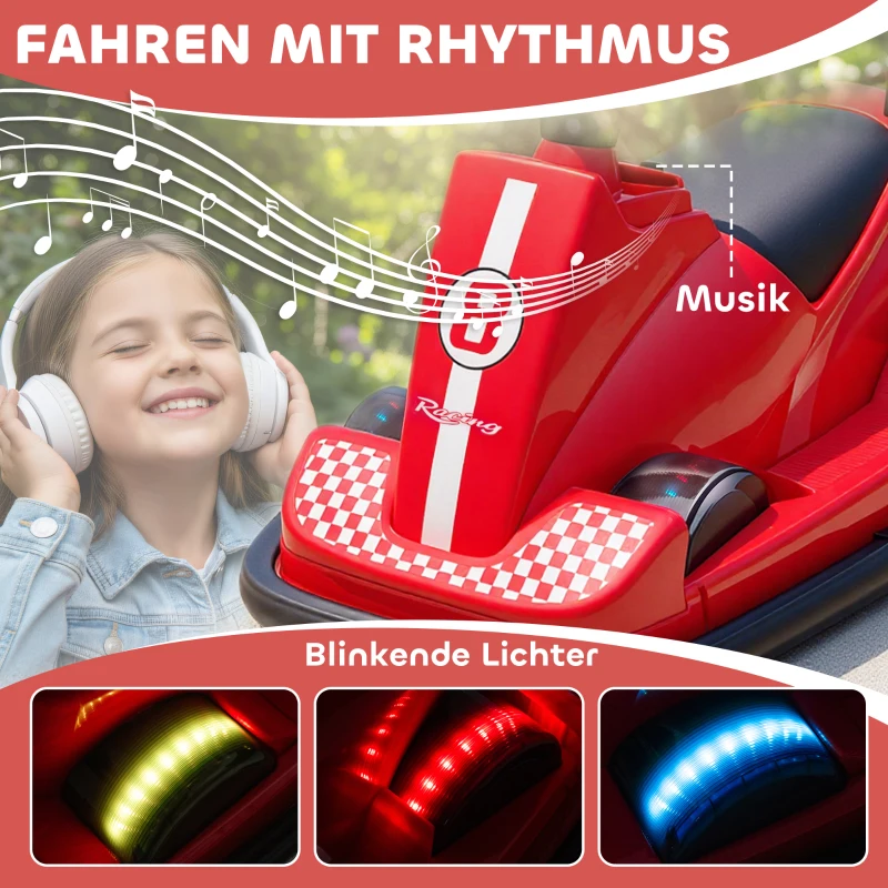 AIYAPLAY Autoscooter für Kinder, um 360 Grad drehbar, Lenkrad, LED-Lichter, Musikfunktion, 3-8 Jahre, Rot