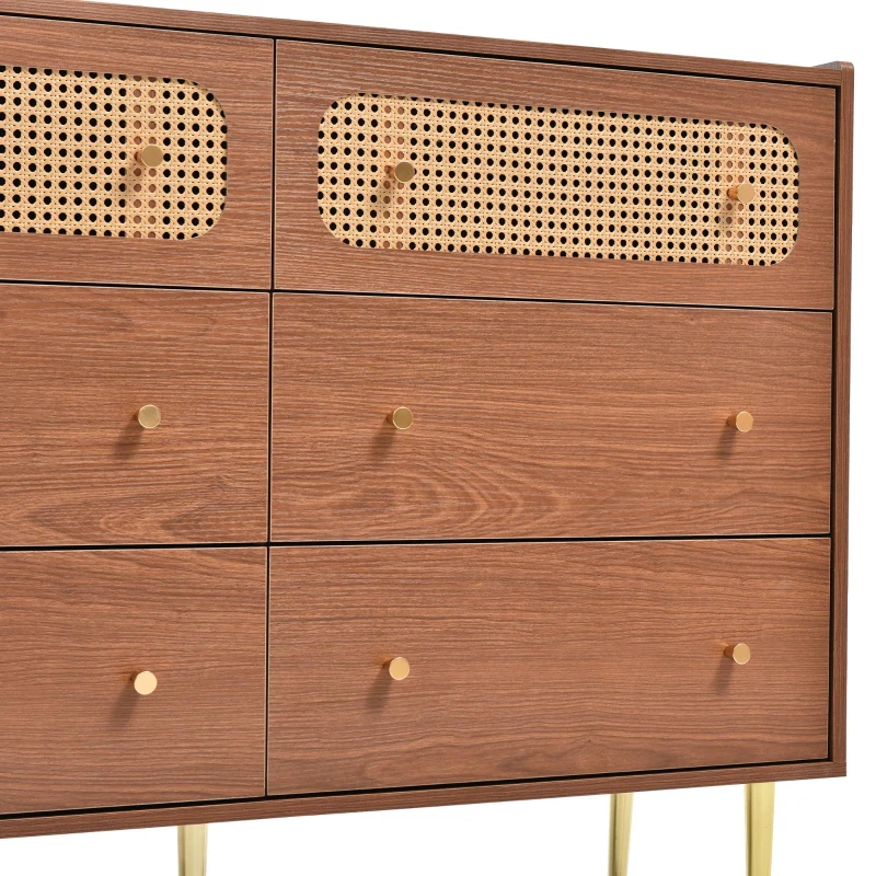 Rattan Sideboard Cabinet with 2 Perforated Rattan-Front Drawers, Walnut 6-Drawer Dresser for Lounge or Dining Areas, 120L x 40W x 90H cm, Walnut
