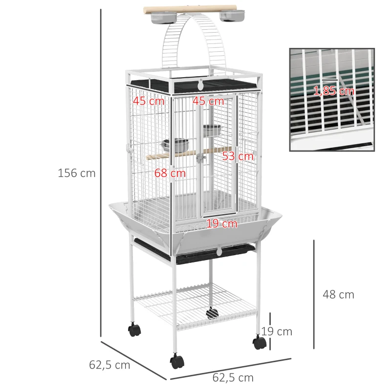PawHut Vogelkäfig, Papageienkäfig mit 3 Türen, 2 Sitzstange, 360° Rollen, Futternapf, Ablage, Freisitz, 62,5x62,5x156cm, Weiß