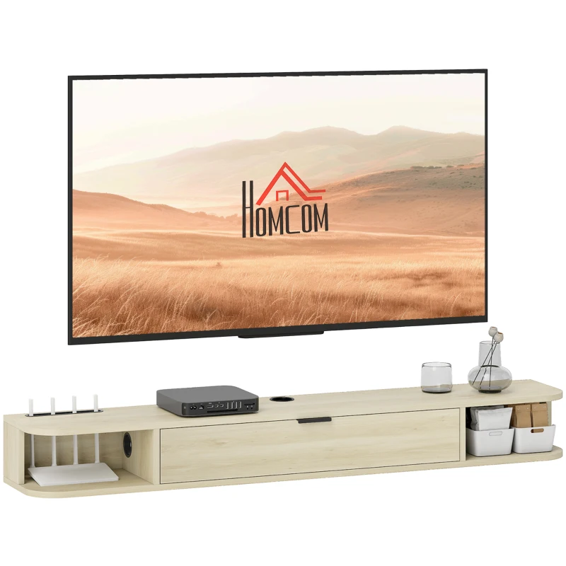 HOMCOM Meuble TV suspendu, meuble télé pour téléviseur jusqu'à 60 pouces, tiroir rabattable 2 étagères 140x24x16cm bois naturel