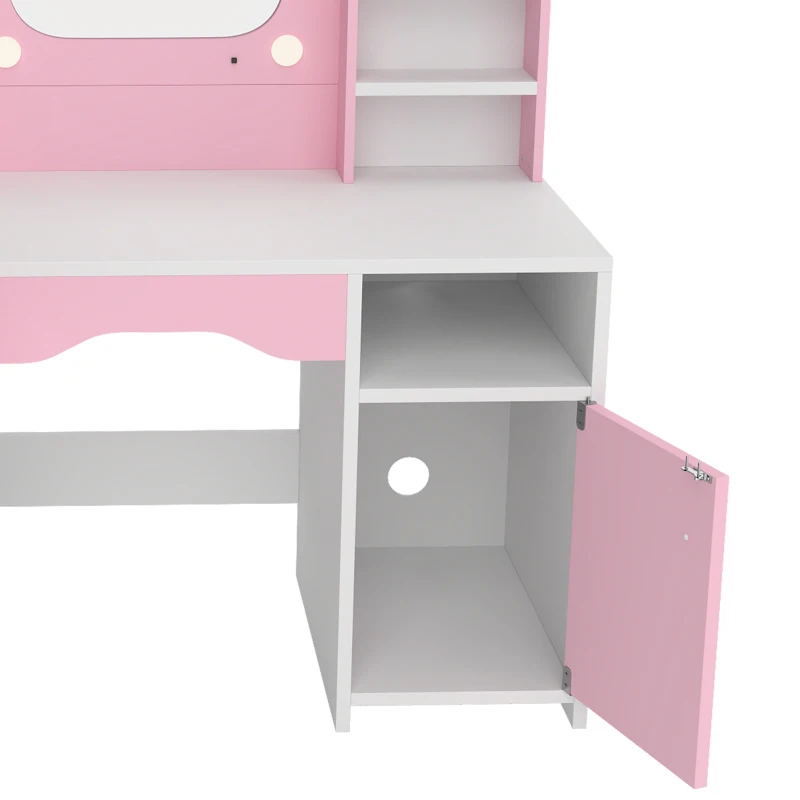 AIYAPLAY Kids Vanity Set, Girls Dressing Table with Stool, 2-Colour Lights Mirror, Cabinet, Drawer and Shelves, Pink