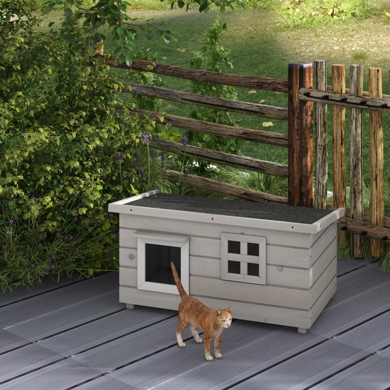 PawHut Katzenhaus aus Holz wasserdicht Katzenhütte mit Asphaltdach klappbarem Deckel Fenster Winterfest Schutzhütte Katzenhöhle Outdoor Katzenkiste für Garten Balkon Draußen 87 x 52 x 44 cm Grau