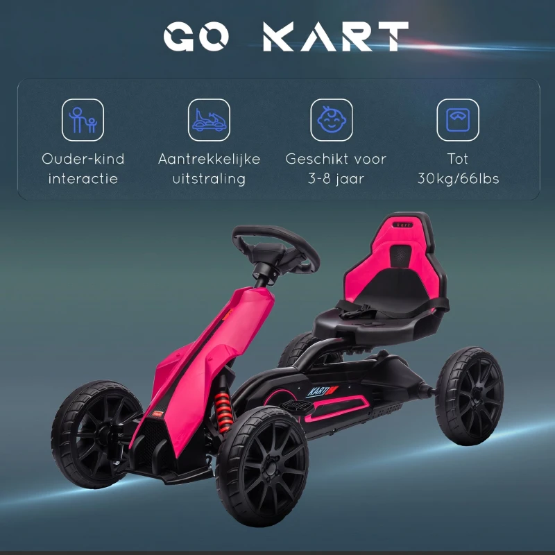 HOMCOM Gokart, kindervoertuig met verstelbare zitting, trapvoertuig, trapauto met handrem, 3-8 jaar, Buiten, Roze(m-7)