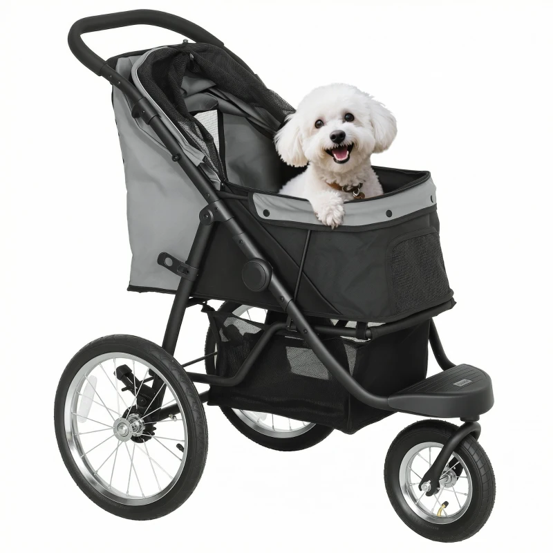 PawHut Hundebuggy, Haustierwagen für kleine Hunde und Katzen, mit Aufbewahrungskorb, Ein-Klick-Faltdesign, Grau(m-12)
