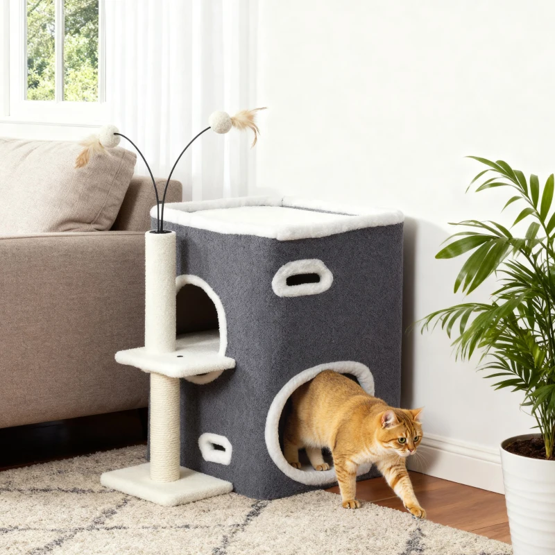 PawHut Katzenkratzbaum, Top-Liegefläche, 2-stöckiges Haus, Sisalpfosten, Grau