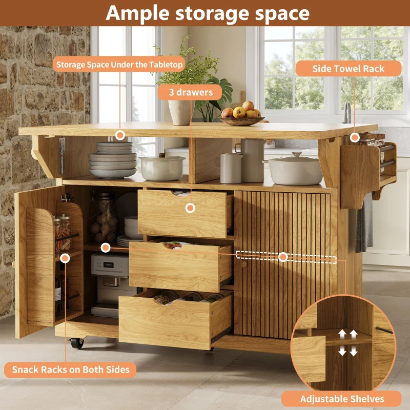 Foldable Serving Trolley with Ample Storage and Snack Racks, Mobile Kitchen Island for Balconies or Dining Room, 142.5L x 40W x 95H cm, Natural+Light Brown