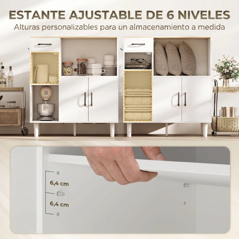 HOMCOM Aparador de Cocina Moderno con Puerta de Acrílico Cajón Estante Ajustable Compartimento Abierto 80x34x91 cm Blanco