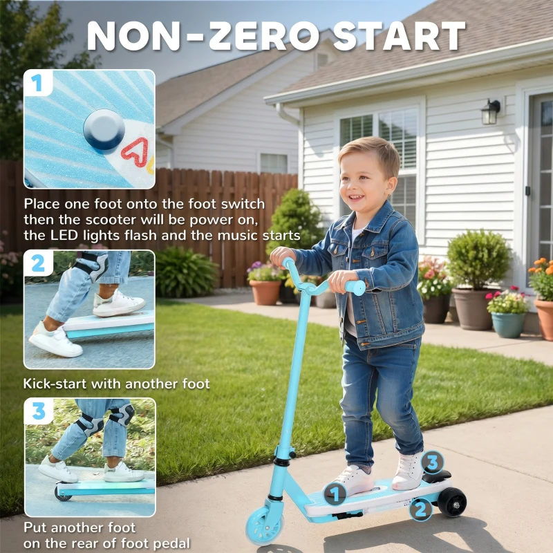 AIYAPLAY Electric Scooter for Kids Aged 4-7 Years, with Flashing LED Lights, Rear Auxiliary Wheels, Blue