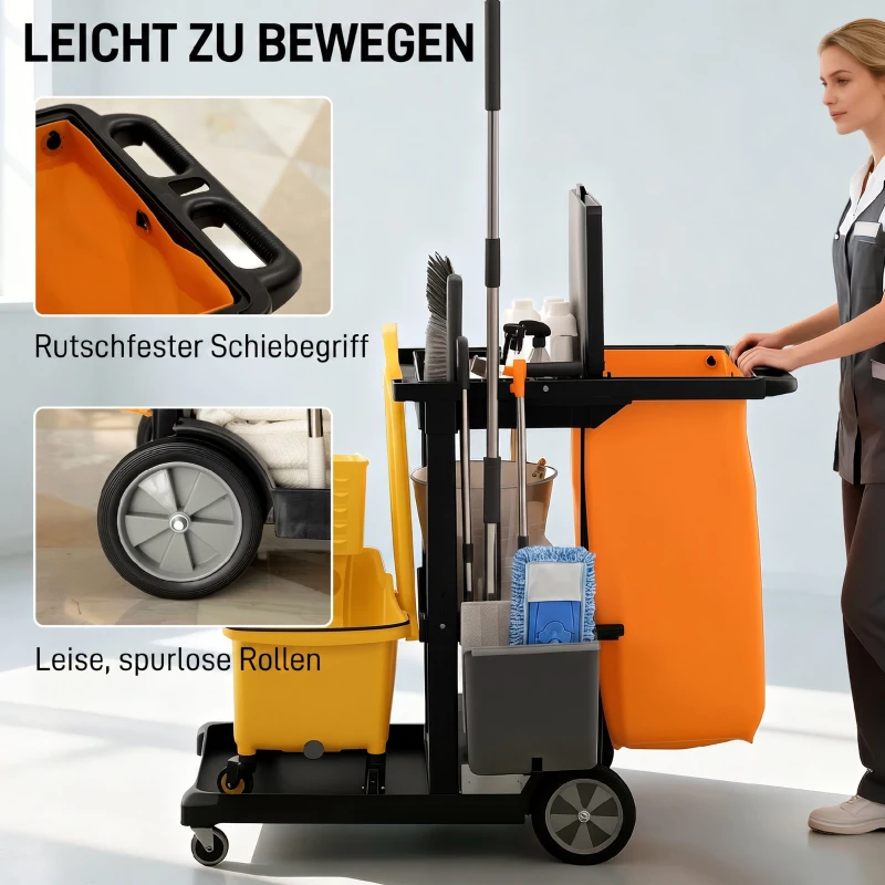 HOMCOM Reinigungswagen Putzwagen mit 3 Ablagefächern Wischwagen mit Müllsack mit Abdeckung, Rollen für Gewerbe
