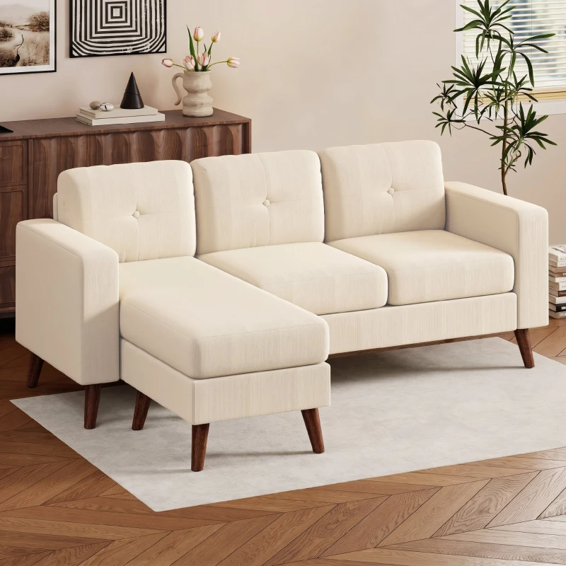 HOMCOM Sofá Chaise Longue Reversible de 3 Plazas Tapizado en Pana Marco de Acero para Espacios Reducidos Crema