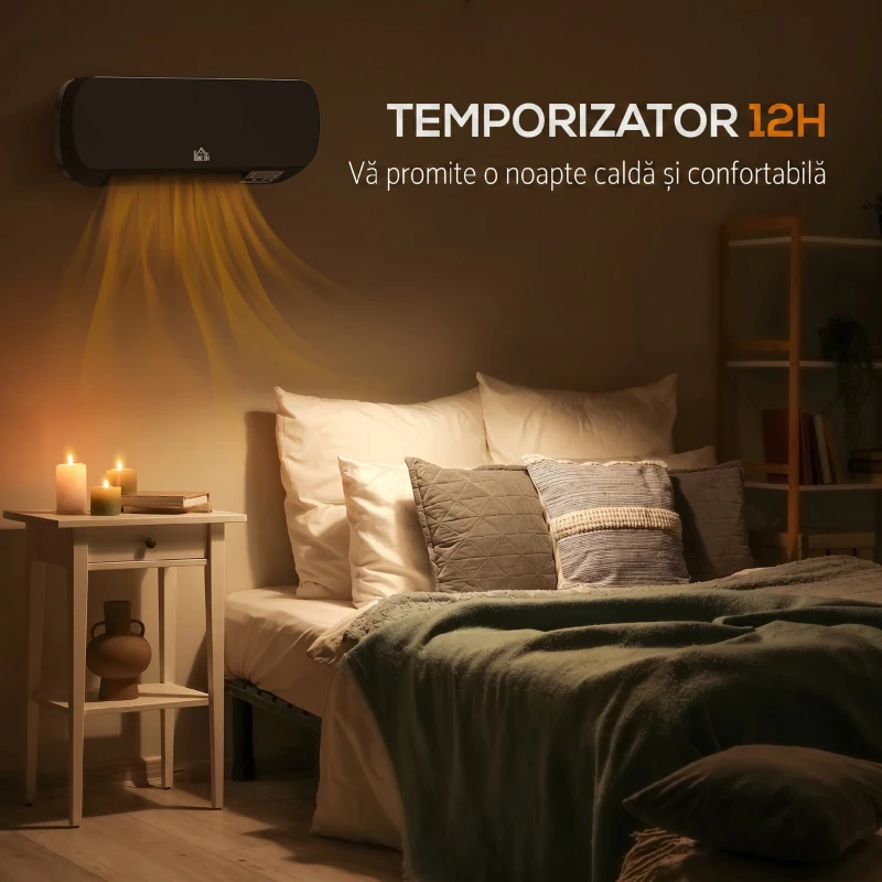HOMCOM Aerotermă Electrică de Perete cu Telecomandă și Timer 12h, Negru