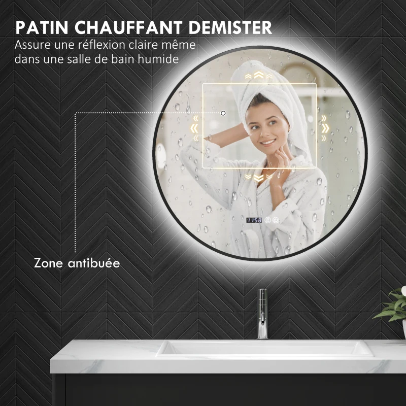 HOMCOM Miroir de salle de bain rond avec éclairage LED, intensité variable, fonction anti-buée, interrupteur tactile, noir