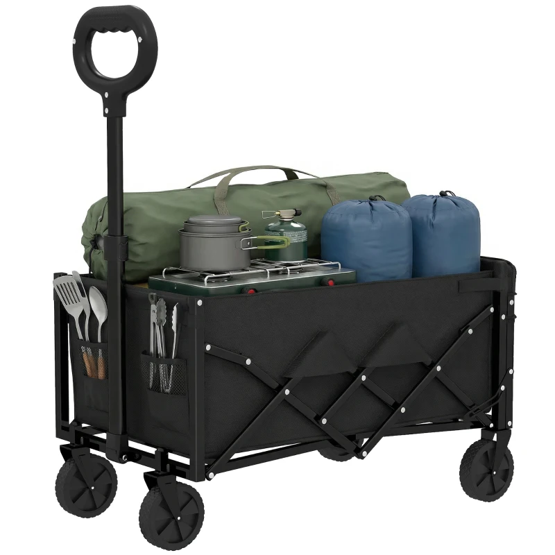 Outsunny 60L Foldable Festival Trolley on Wheels, Collapsible Wagon Cart with Drop-Down Tailgate, Adjustable Handle, Black
