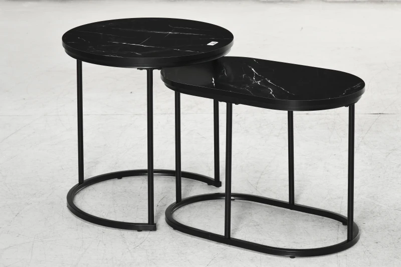 HOMCOM Lot de 2 tables basses tables d'appoint gigognes en acier et plateau MDF aspect marbre - table ronde et ovale - noir