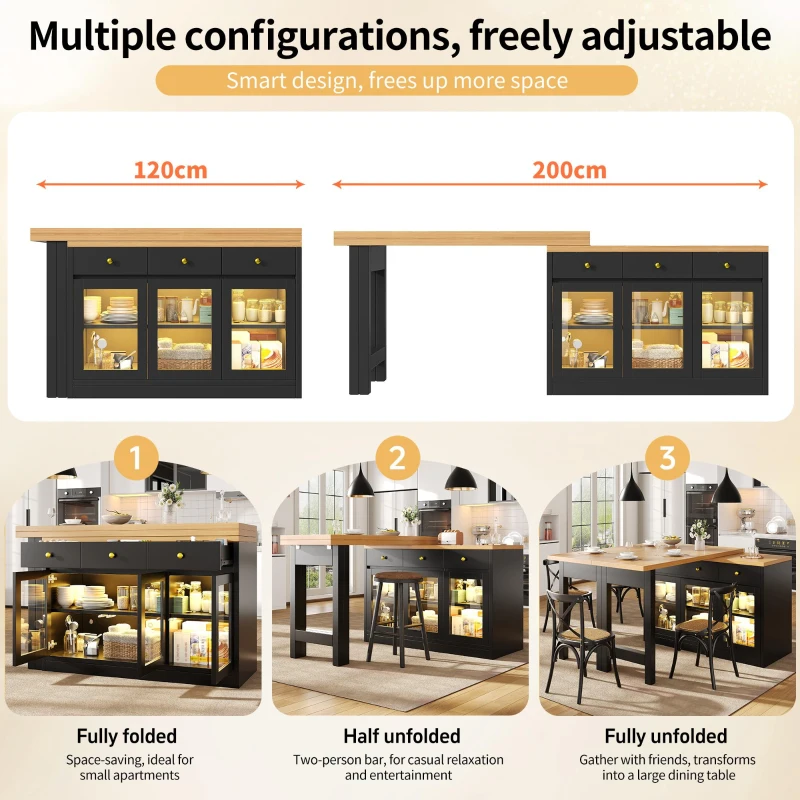 Extendable Kitchen Island with LED Lighting and Glass Cabinets, Space-Saving Dining Cart for Cosy Flats, 120L x 40W x 75.5H cm, Black