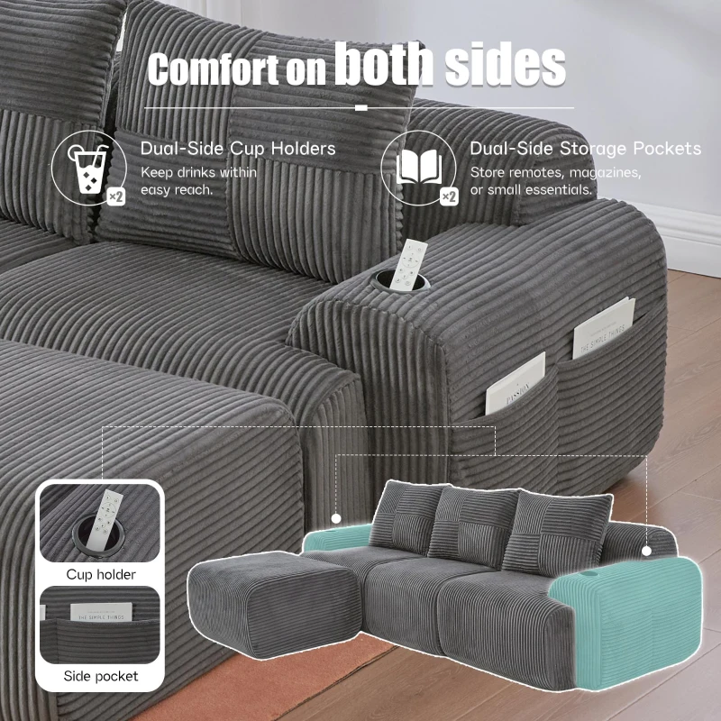 Corduroy L-Shaped Sectional Sofa with Integrated Cup Holders, 3-Seater Modular Cord Sofa for Living Rooms, 268L x 174W x 80H cm, Dark Gray