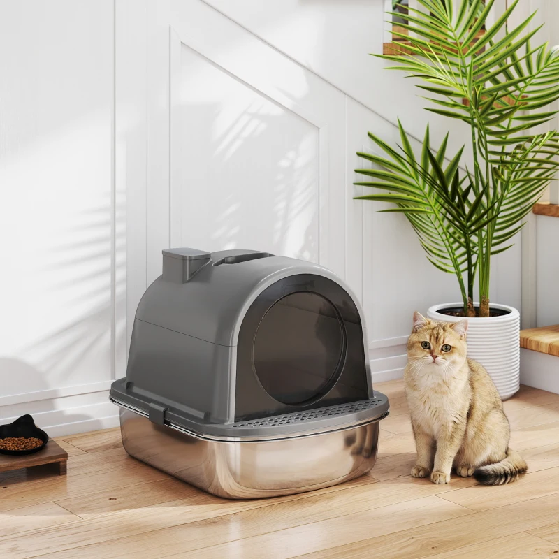 PawHut Caixa de Areia para Gatos em Aço Inoxidável com Tampa, Saco Desodorizante e Pá, Fácil de Limpar, 52,4x41,3x39,9 cm, Cinzento Escuro