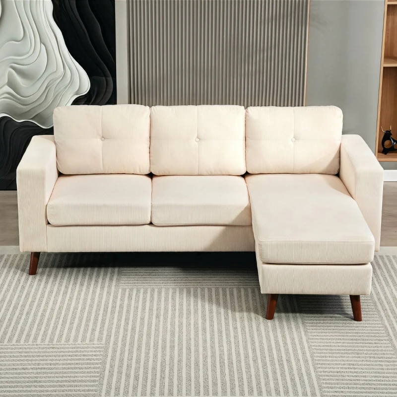 HOMCOM Sofá Chaise Longue Reversible de 3 Plazas Tapizado en Pana Marco de Acero para Espacios Reducidos Crema