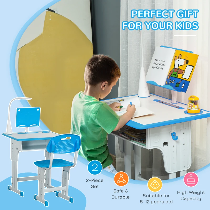 HOMCOM Kids Desk and Chair Set Adjustable Height Study Table Set with Drawer, Book Stand, Pen Slot - Blue