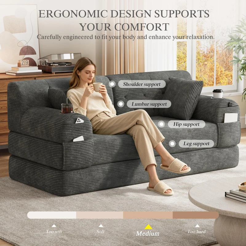 Corduroy Convertible Sofa Bed with Metal Frame and High-Density Foam, 2-Seater Sleeper Sofa with High Backrest, 168L x 80W x 81H cm, Dark Gray