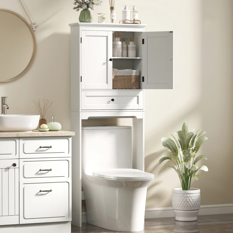 HOMCOM WC-Aufsatz Schrank über der Toilette, WC-Möbel mit 2 Türen, Schublade und verstellbarer Ablage, Weiß