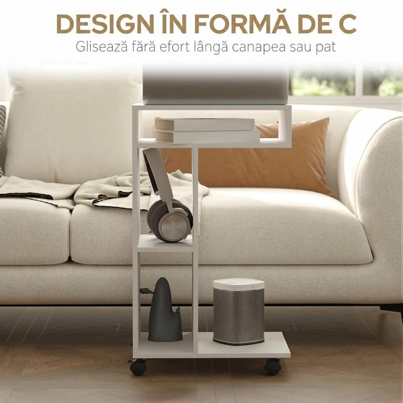 HOMCOM Masă de Cafea cu Roți și Raft Deschis în Formă de C, Albă