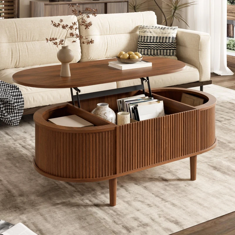 Functional Coffee Table with Height-Adjustable Tabletop, Solid Room Table with MDF Body and Pine Legs, 100L x 48W x 40H cm, Walnut