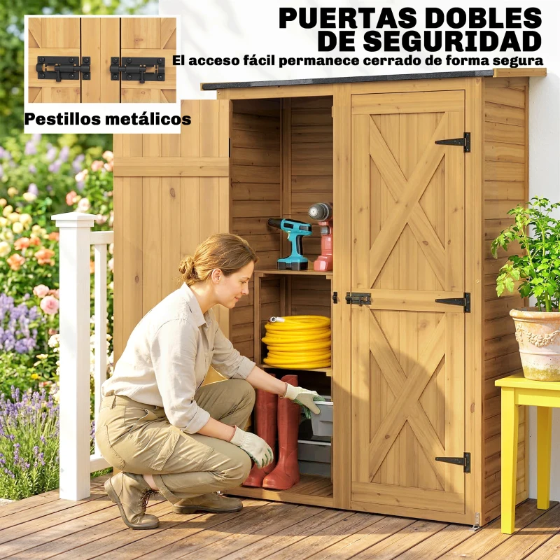 Outsunny Caseta de Jardín de Madera 115x53x156 cm Armario para Herramientas con Puertas Dobles y Estantes Techo Inclinado Marrón